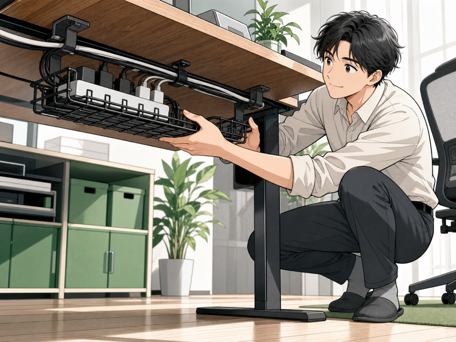 デスク下に配線トレーを取り付けている人物