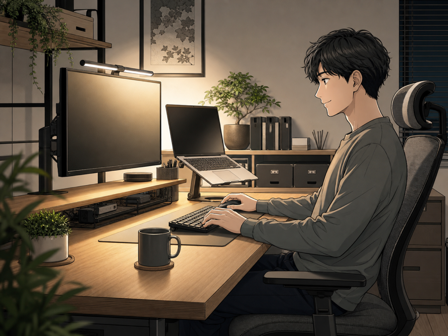 モニターライトで整った完成後のデスク