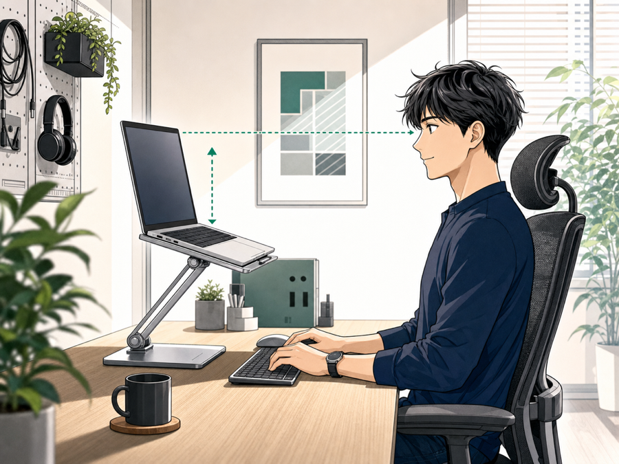ノートパソコンスタンドで姿勢を改善したデスク