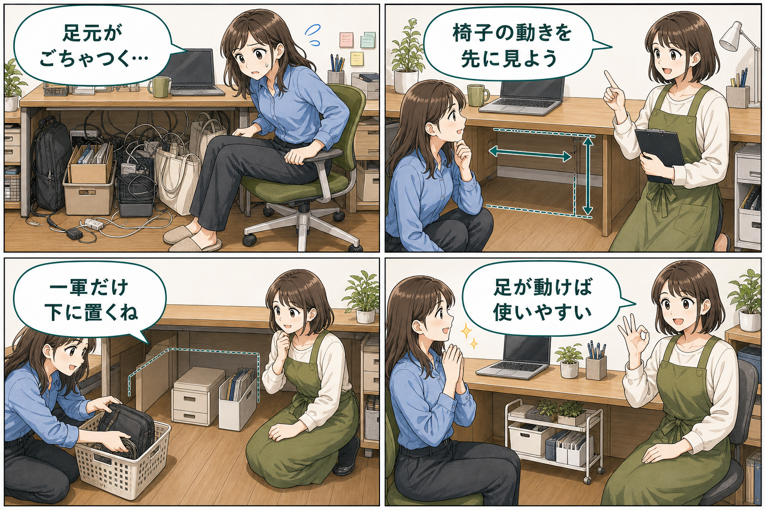 デスク下収納の選び方と失敗しない置き方の要点を4コマで説明する漫画