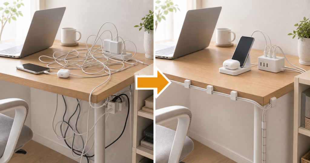 USB充電ステーションのある机