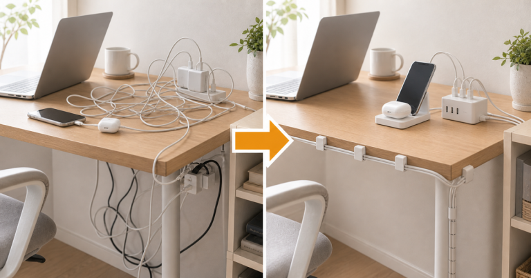 USB充電ステーションのある机