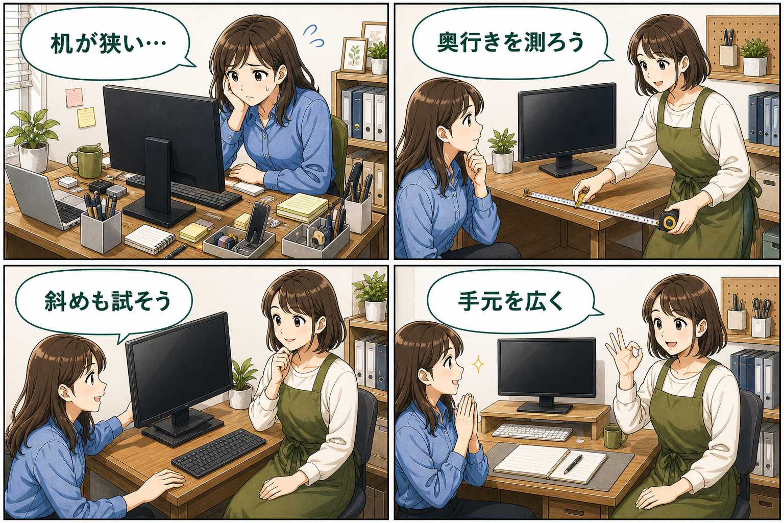 狭い机でモニターを置くレイアウト案の要点を4コマで説明する漫画