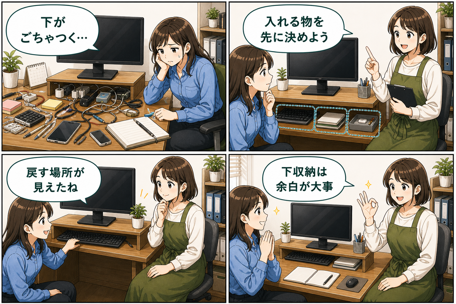 モニター下収納を使いやすくするコツの要点を4コマで説明する漫画