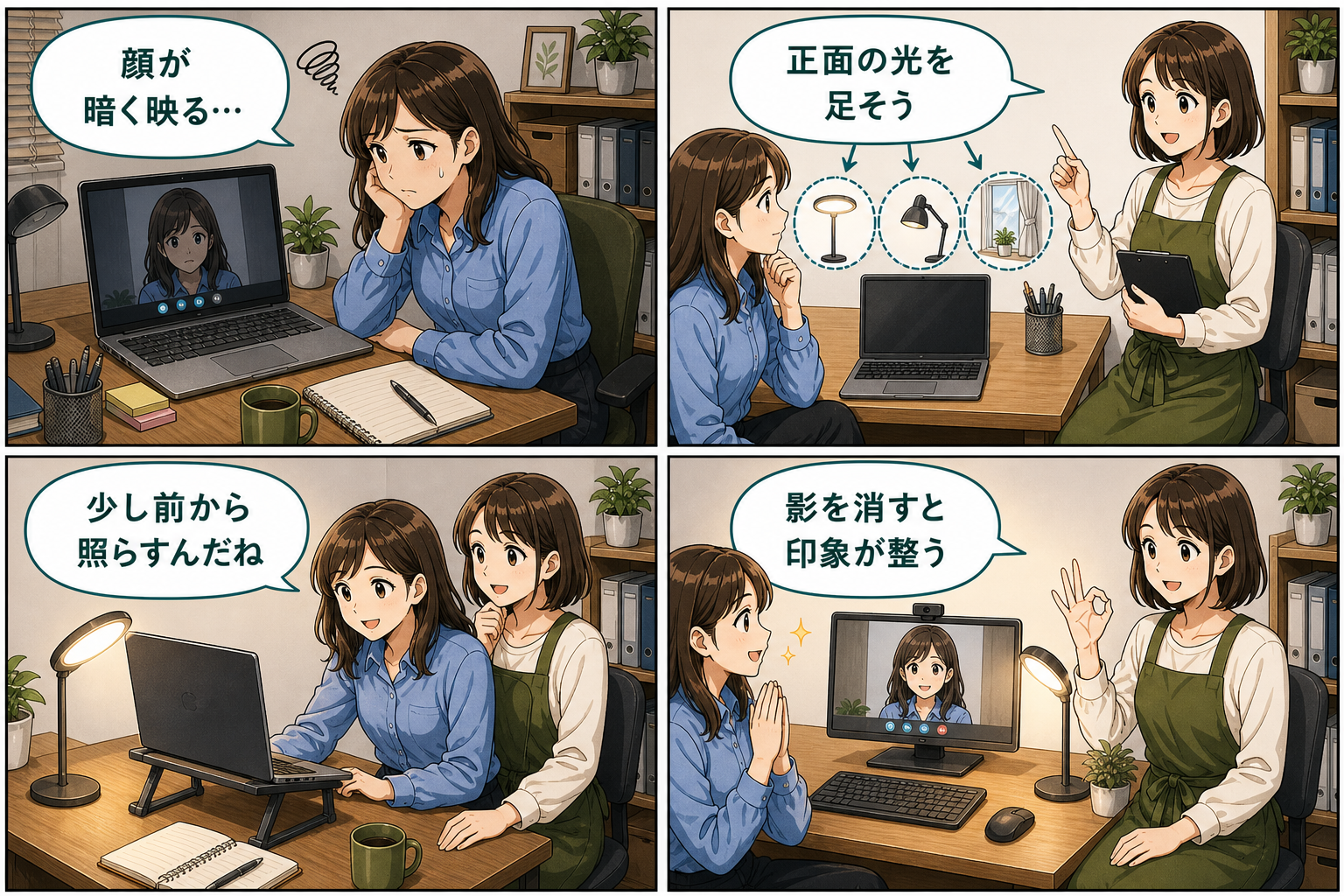 Web会議で顔が暗くならないデスク照明の要点を4コマで説明する漫画