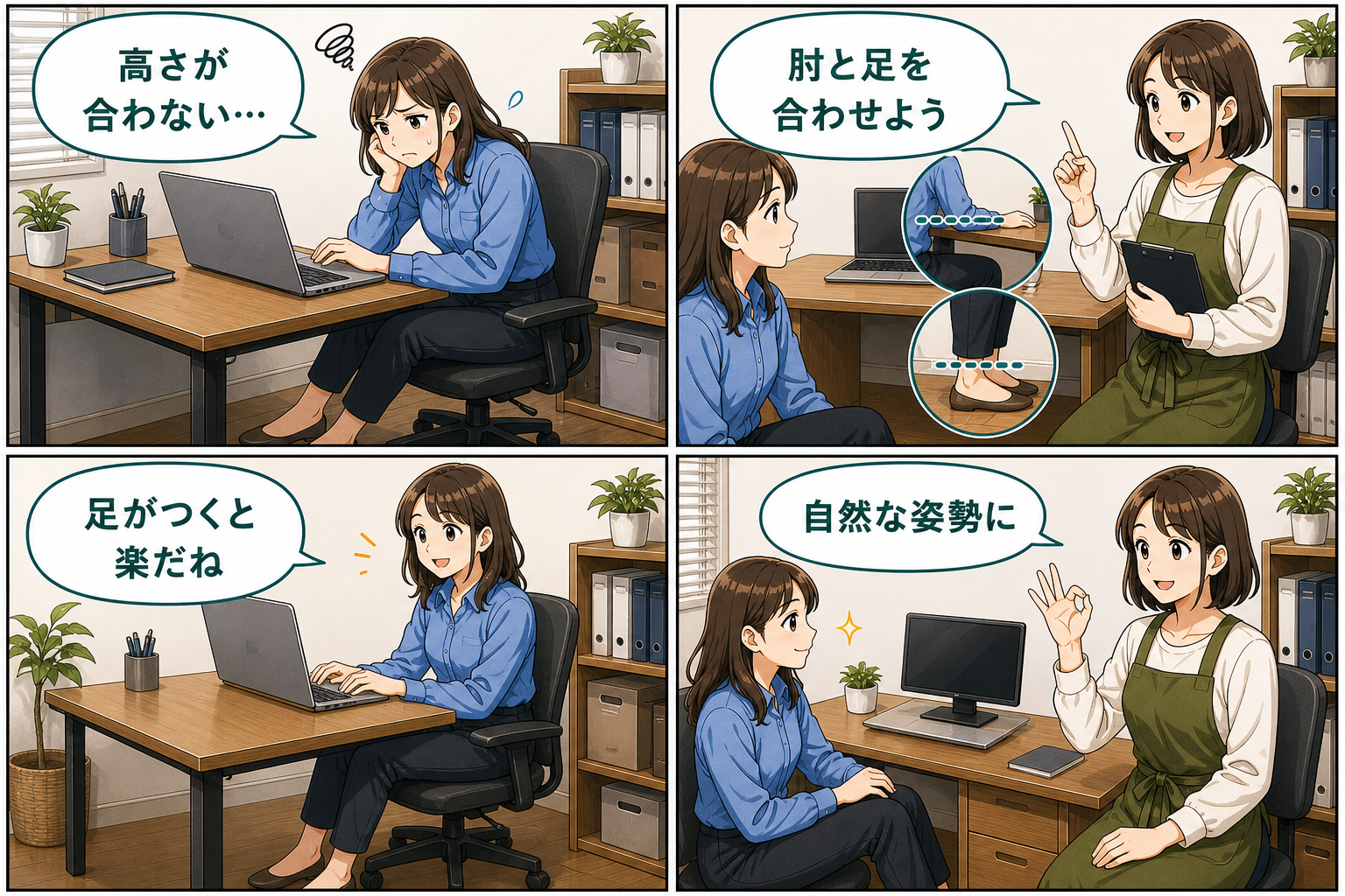 机と椅子の高さを合わせる考え方の要点を4コマで説明する漫画