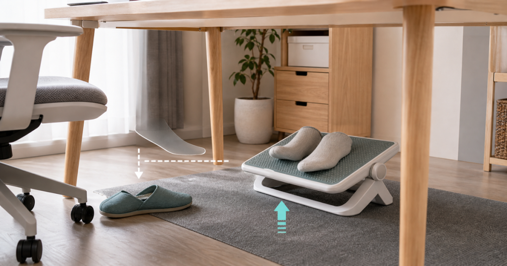 足元にフットレストを置いた机