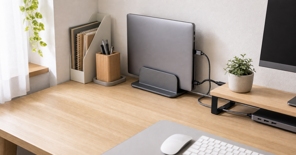 縦置きノートPCと外部モニター