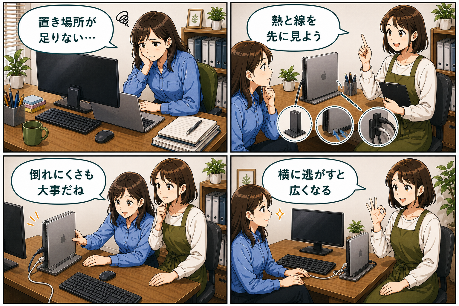 ノートPCを縦置きするメリットと注意点の要点を4コマで説明する漫画