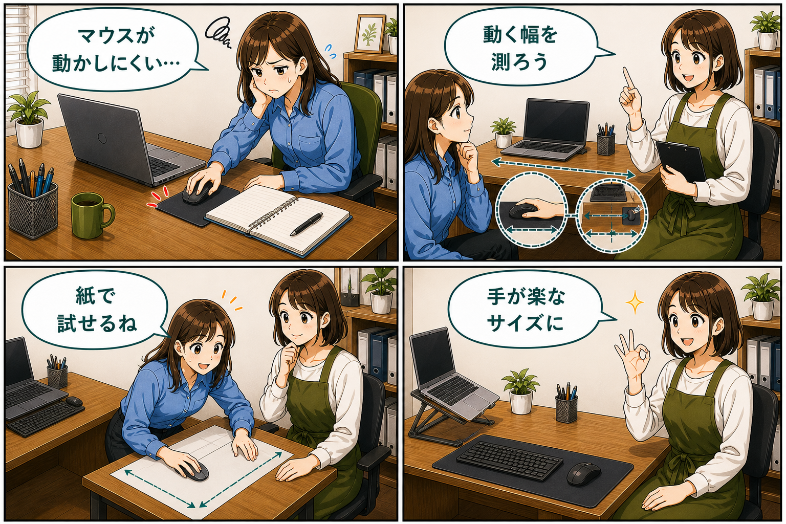 マウスパッドの選び方とサイズの考え方の要点を4コマで説明する漫画