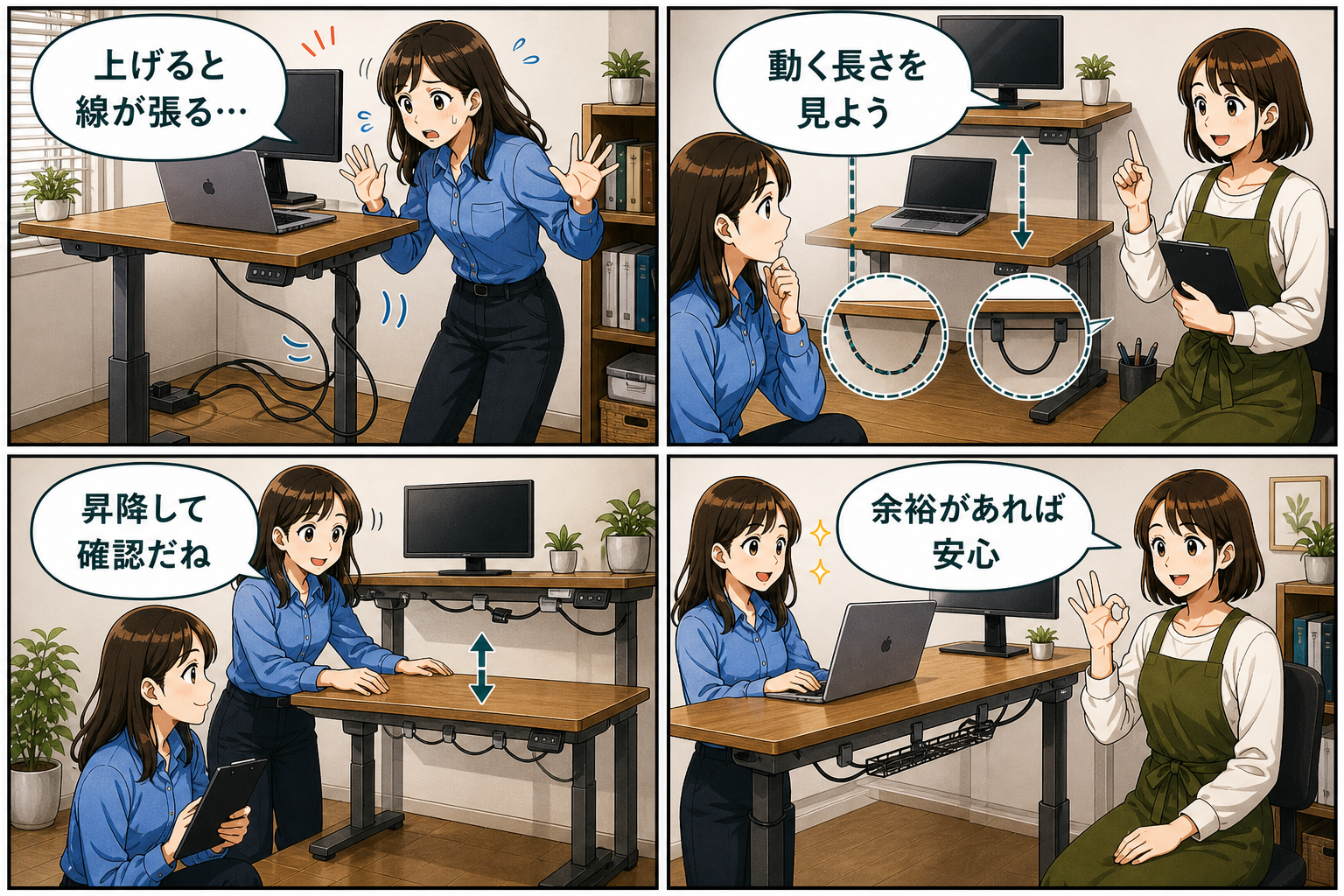 昇降デスクの配線整理で失敗しない方法の要点を4コマで説明する漫画