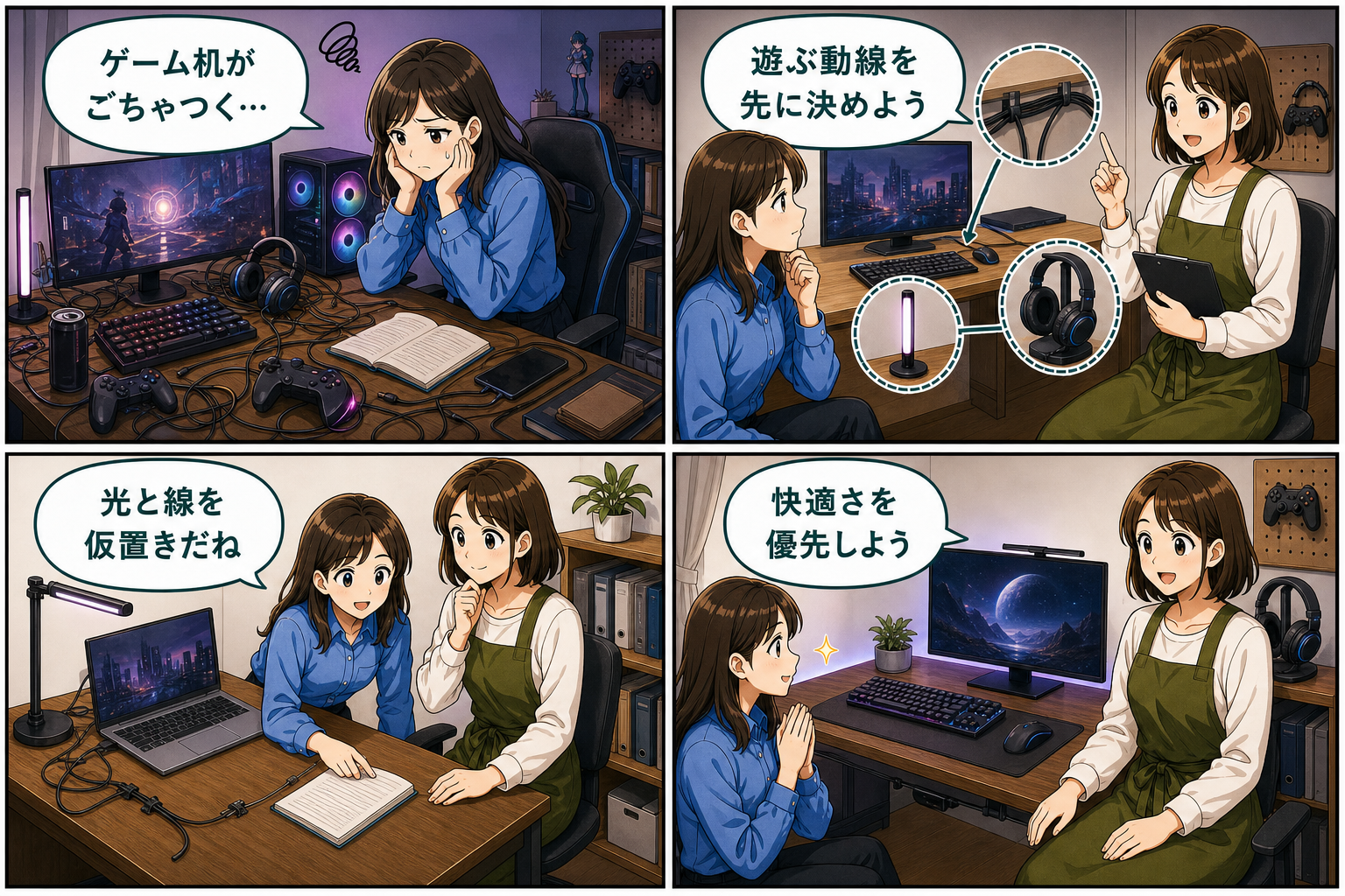 ゲーマー向けデスク周りの作り方｜配線・ライト・収納を快適に整えるの要点を4コマで説明する漫画
