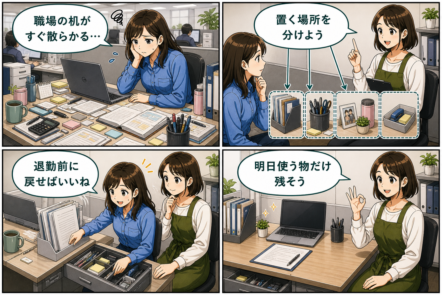 会社のデスク周りを整理する方法｜職場で散らからない収納と退勤前リセットの要点を4コマで説明する漫画