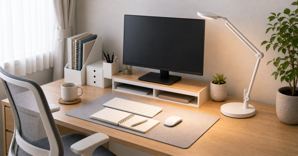 PC デスクライトを整えた明るいデスクまわり