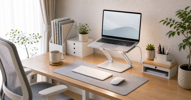 ノートPCスタンドを整えた明るいデスクまわり