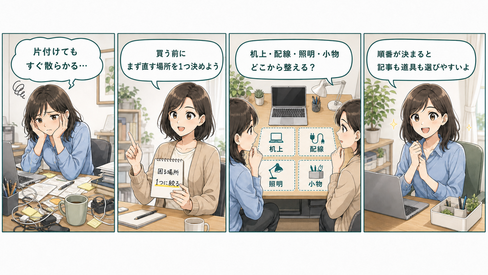 デスク改善の4ステップを説明する横長漫画